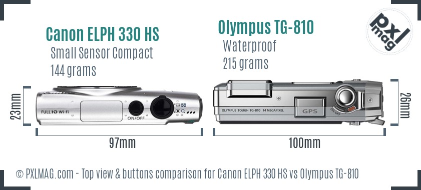 Canon ELPH 330 HS vs Olympus TG-810 top view buttons comparison