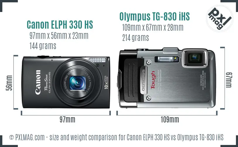 Canon ELPH 330 HS vs Olympus TG-830 iHS size comparison