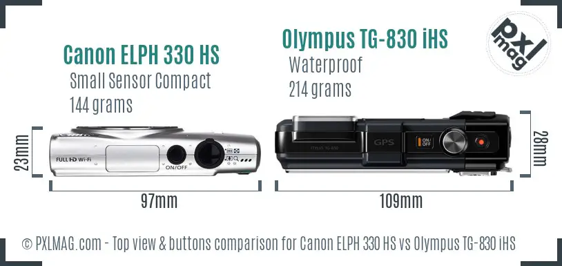 Canon ELPH 330 HS vs Olympus TG-830 iHS top view buttons comparison