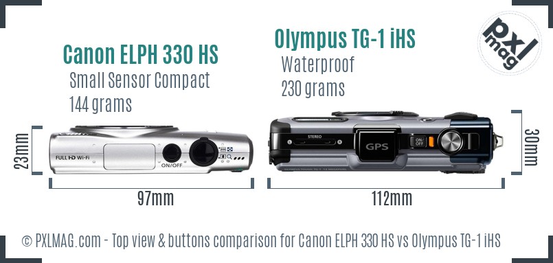 Canon ELPH 330 HS vs Olympus TG-1 iHS top view buttons comparison