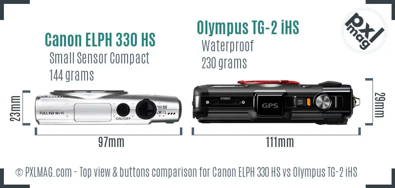 Canon ELPH 330 HS vs Olympus TG-2 iHS top view buttons comparison Canon ELPH 330 HS vs Olympus TG-2 iHS top view buttons comparison