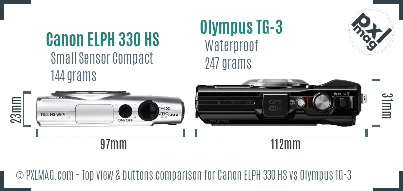 Canon ELPH 330 HS vs Olympus TG-3 top view buttons comparison