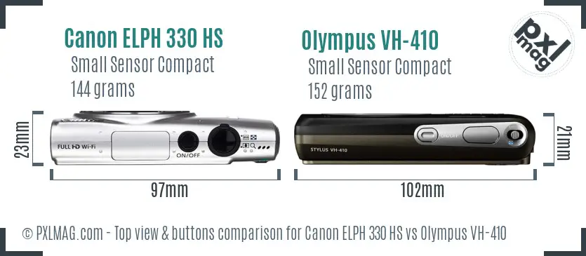 Canon ELPH 330 HS vs Olympus VH-410 top view buttons comparison Canon ELPH 330 HS vs Olympus VH-410 top view buttons comparison