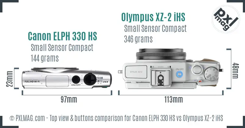 Canon ELPH 330 HS vs Olympus XZ-2 iHS top view buttons comparison