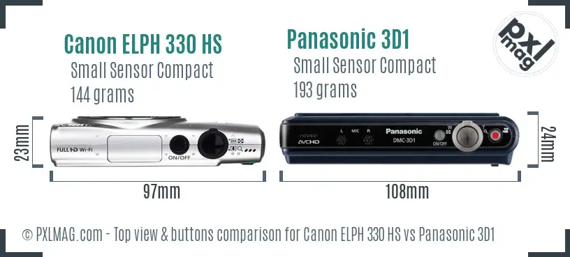 Canon ELPH 330 HS vs Panasonic 3D1 top view buttons comparison Canon ELPH 330 HS vs Panasonic 3D1 top view buttons comparison