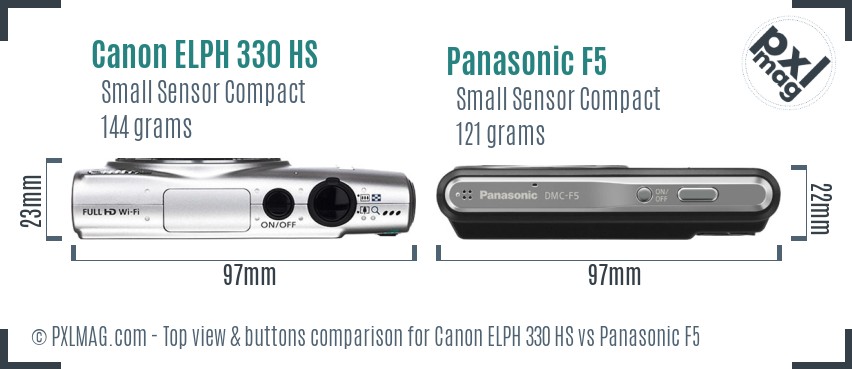 Canon ELPH 330 HS vs Panasonic F5 top view buttons comparison