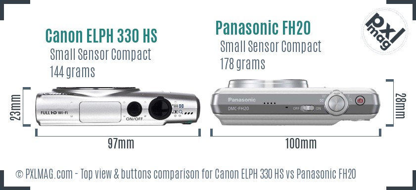 Canon ELPH 330 HS vs Panasonic FH20 top view buttons comparison