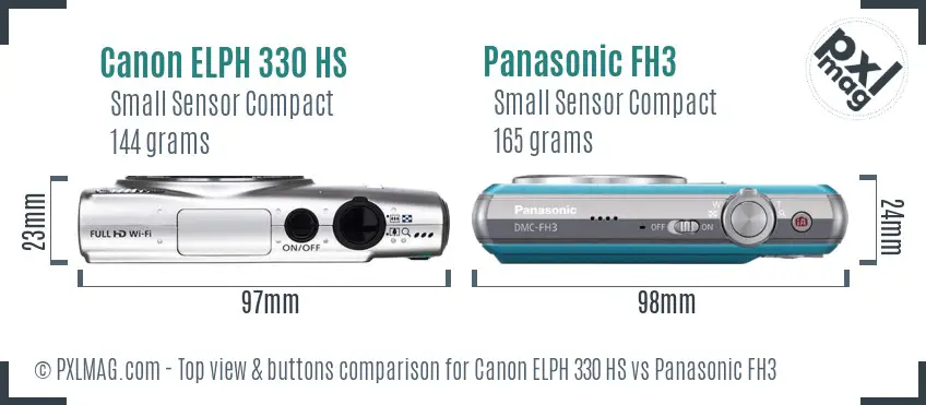 Canon ELPH 330 HS vs Panasonic FH3 top view buttons comparison