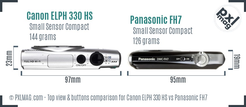 Canon ELPH 330 HS vs Panasonic FH7 top view buttons comparison