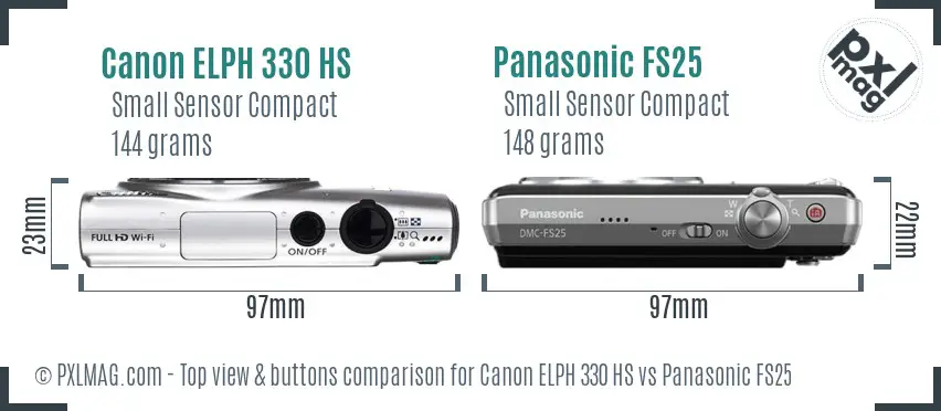 Canon ELPH 330 HS vs Panasonic FS25 top view buttons comparison