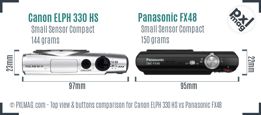 Canon ELPH 330 HS vs Panasonic FX48 top view buttons comparison