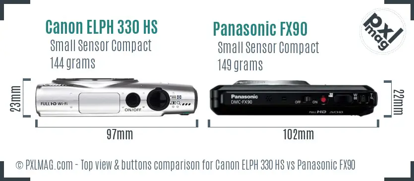 Canon ELPH 330 HS vs Panasonic FX90 top view buttons comparison