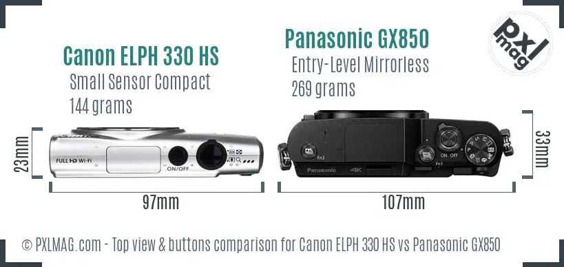 Canon ELPH 330 HS vs Panasonic GX850 top view buttons comparison