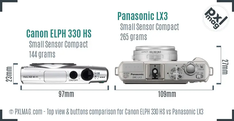 Canon ELPH 330 HS vs Panasonic LX3 top view buttons comparison