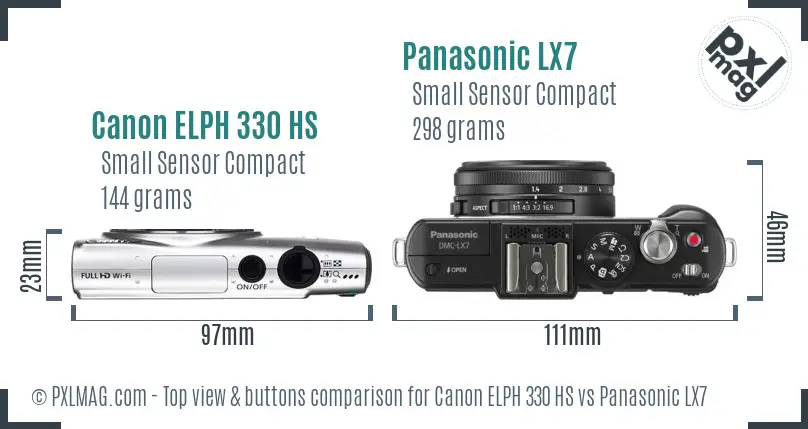 Canon ELPH 330 HS vs Panasonic LX7 top view buttons comparison