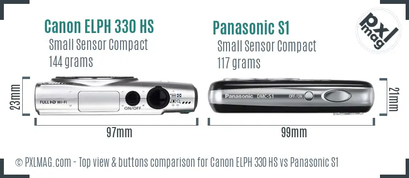 Canon ELPH 330 HS vs Panasonic S1 top view buttons comparison