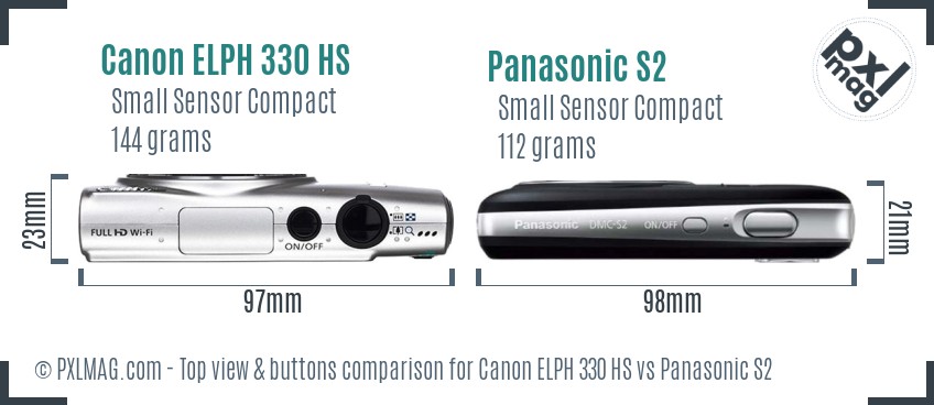 Canon ELPH 330 HS vs Panasonic S2 top view buttons comparison