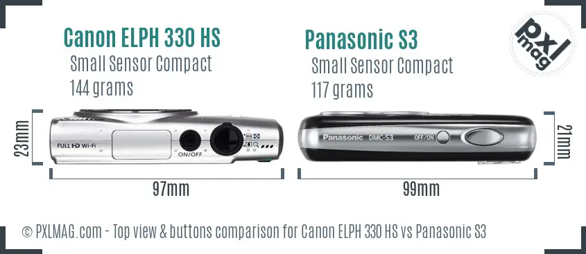 Canon ELPH 330 HS vs Panasonic S3 top view buttons comparison