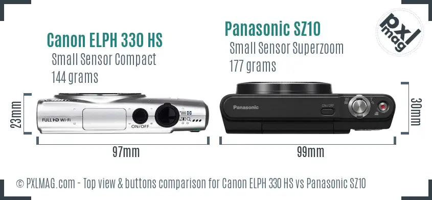 Canon ELPH 330 HS vs Panasonic SZ10 top view buttons comparison