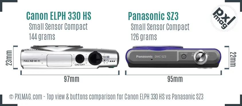 Canon ELPH 330 HS vs Panasonic SZ3 top view buttons comparison Canon ELPH 330 HS vs Panasonic SZ3 top view buttons comparison