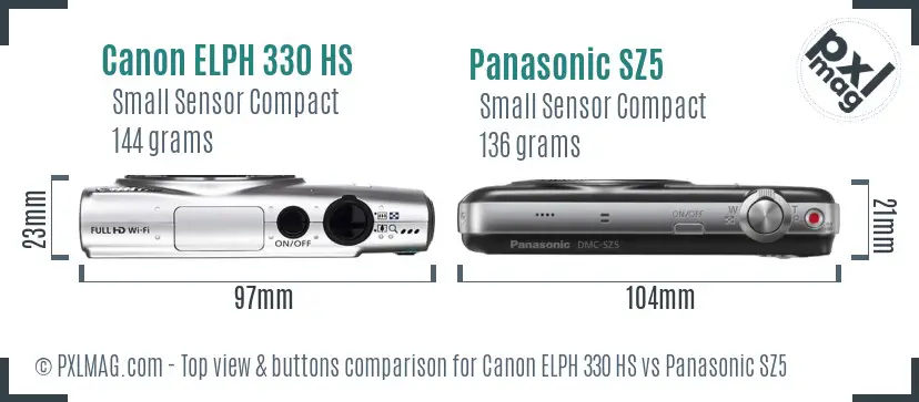 Canon ELPH 330 HS vs Panasonic SZ5 top view buttons comparison