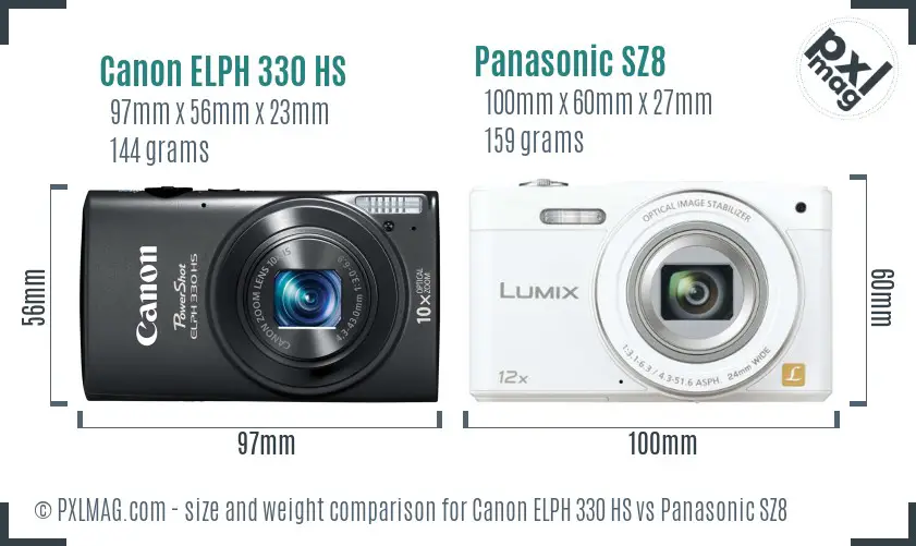 Canon ELPH 330 HS vs Panasonic SZ8 size comparison