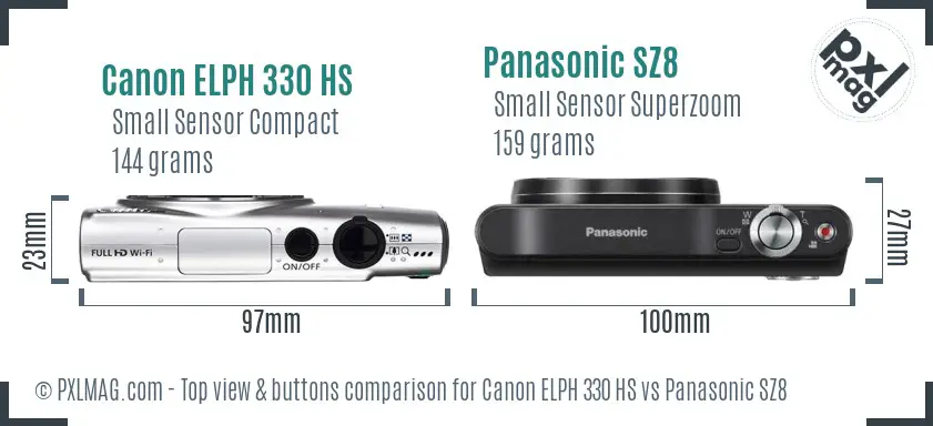 Canon ELPH 330 HS vs Panasonic SZ8 top view buttons comparison