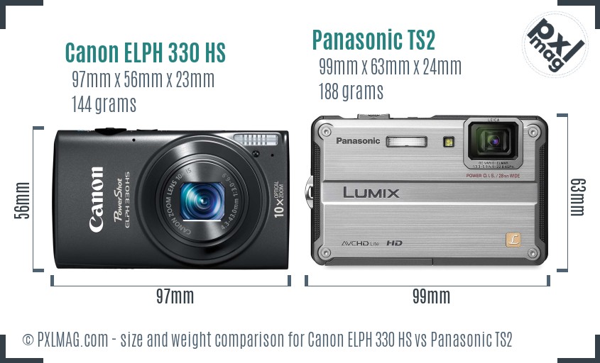 Canon ELPH 330 HS vs Panasonic TS2 size comparison