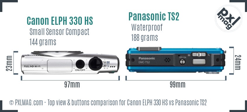 Canon ELPH 330 HS vs Panasonic TS2 top view buttons comparison