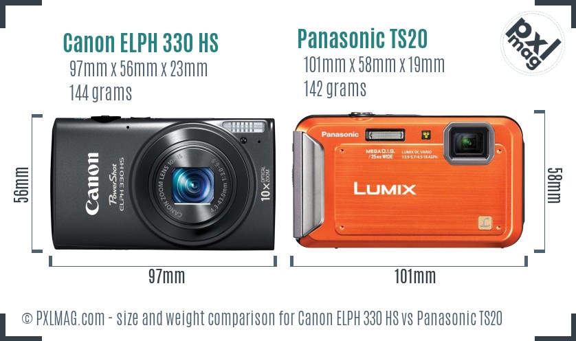 Canon ELPH 330 HS vs Panasonic TS20 size comparison