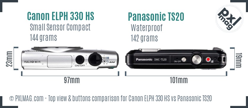 Canon ELPH 330 HS vs Panasonic TS20 top view buttons comparison