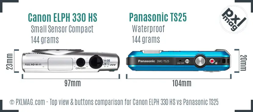 Canon ELPH 330 HS vs Panasonic TS25 top view buttons comparison