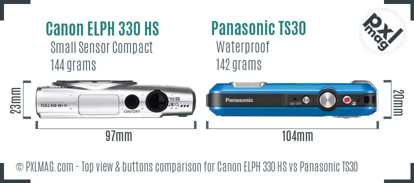 Canon ELPH 330 HS vs Panasonic TS30 top view buttons comparison