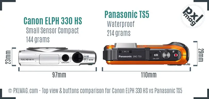 Canon ELPH 330 HS vs Panasonic TS5 top view buttons comparison