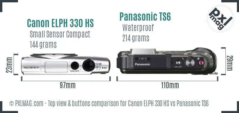 Canon ELPH 330 HS vs Panasonic TS6 top view buttons comparison