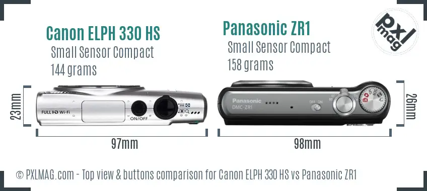 Canon ELPH 330 HS vs Panasonic ZR1 top view buttons comparison