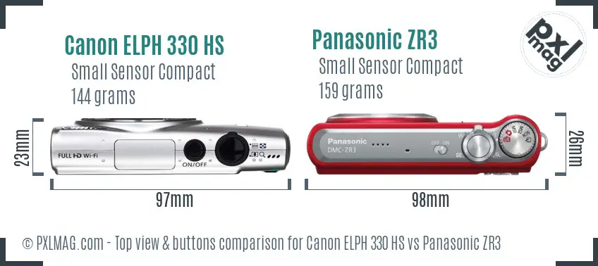 Canon ELPH 330 HS vs Panasonic ZR3 top view buttons comparison Canon ELPH 330 HS vs Panasonic ZR3 top view buttons comparison