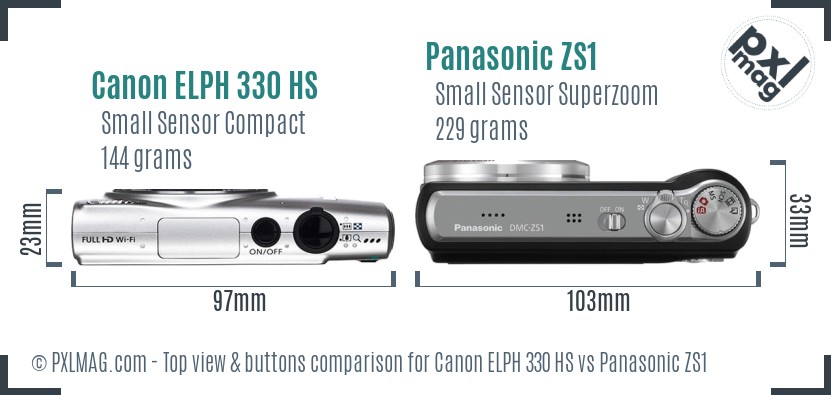 Canon ELPH 330 HS vs Panasonic ZS1 top view buttons comparison