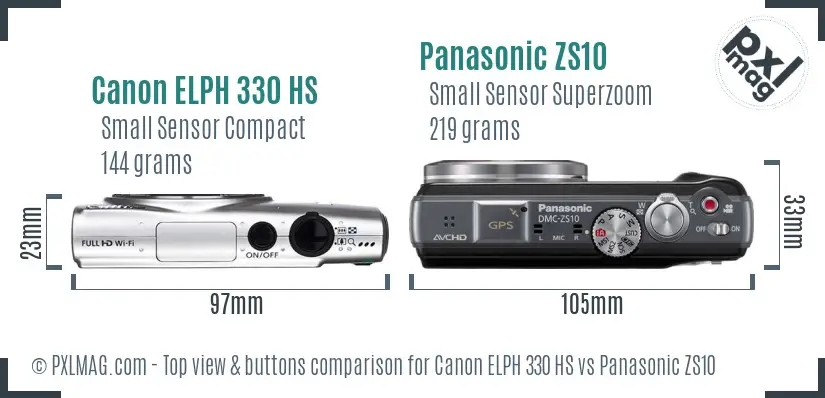 Canon ELPH 330 HS vs Panasonic ZS10 top view buttons comparison