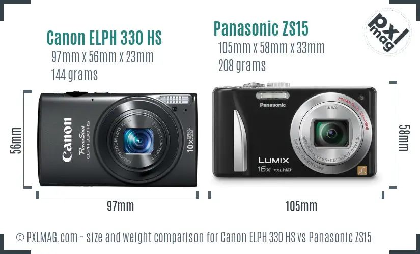 Canon ELPH 330 HS vs Panasonic ZS15 size comparison