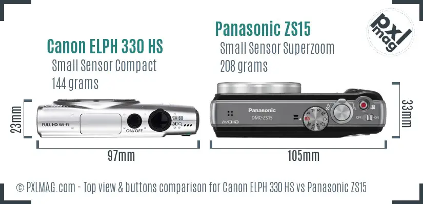 Canon ELPH 330 HS vs Panasonic ZS15 top view buttons comparison