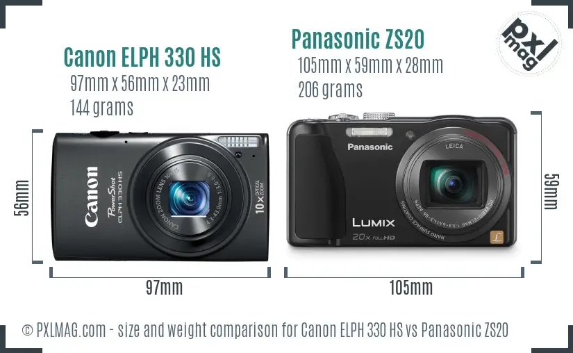 Canon ELPH 330 HS vs Panasonic ZS20 size comparison