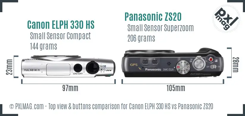 Canon ELPH 330 HS vs Panasonic ZS20 top view buttons comparison
