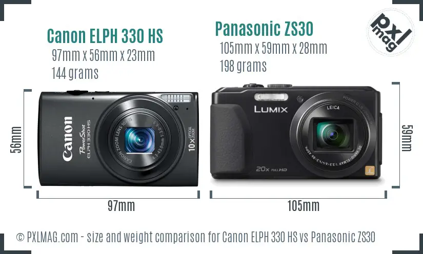 Canon ELPH 330 HS vs Panasonic ZS30 size comparison