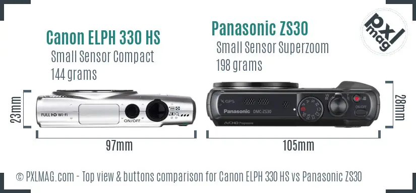 Canon ELPH 330 HS vs Panasonic ZS30 top view buttons comparison