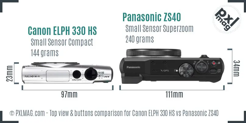 Canon ELPH 330 HS vs Panasonic ZS40 top view buttons comparison Canon ELPH 330 HS vs Panasonic ZS40 top view buttons comparison