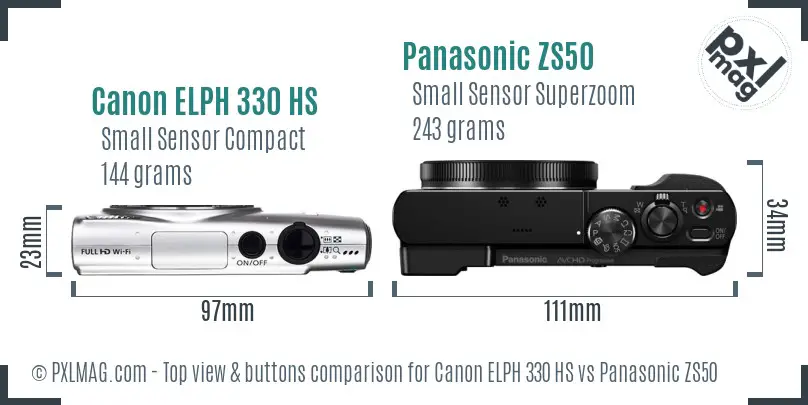 Canon ELPH 330 HS vs Panasonic ZS50 top view buttons comparison