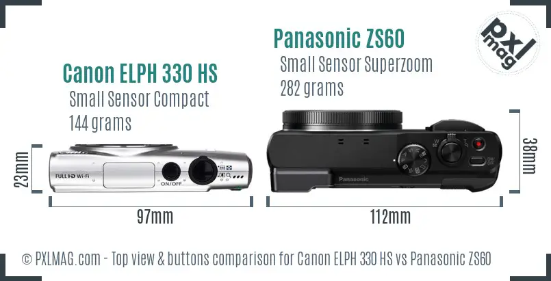 Canon ELPH 330 HS vs Panasonic ZS60 top view buttons comparison