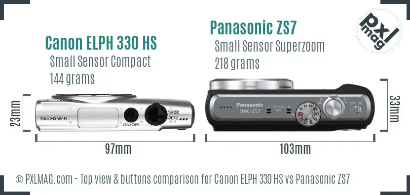 Canon ELPH 330 HS vs Panasonic ZS7 top view buttons comparison