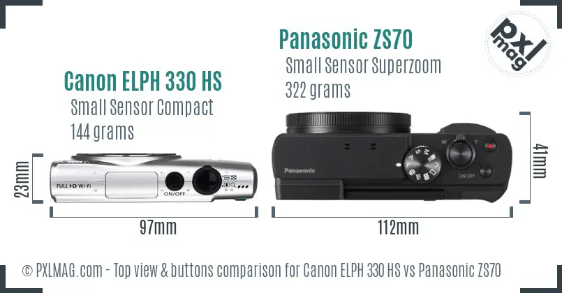 Canon ELPH 330 HS vs Panasonic ZS70 top view buttons comparison Canon ELPH 330 HS vs Panasonic ZS70 top view buttons comparison